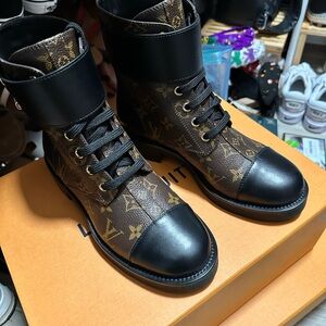 Louis Vuitton Brown Monogram Combat Boots with Black Trim